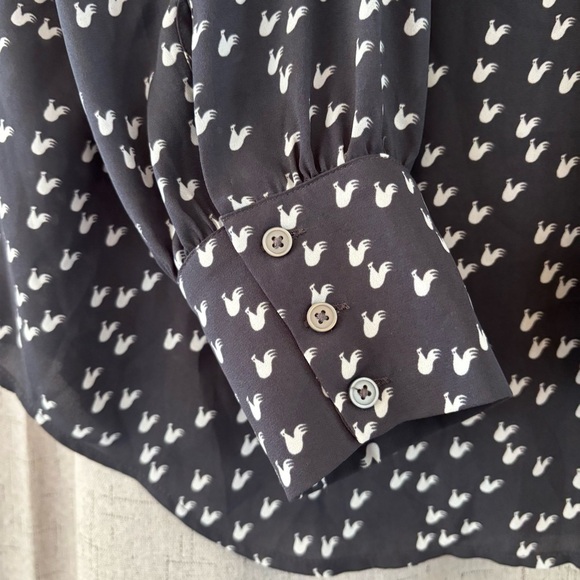 Loft Tie Blouse with Roosters. Gray and White. Size M. - Picture 3 of 6